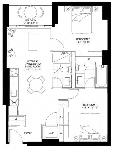 Floor plan for 2 beds, 2 baths, 704 sqft
